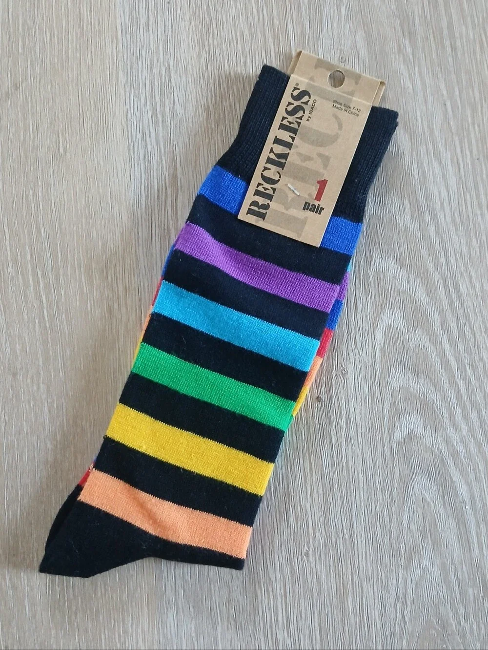 Reckless Striped Socks Black Rainbow Stripes Horizontal Knit Blend Size-7-12